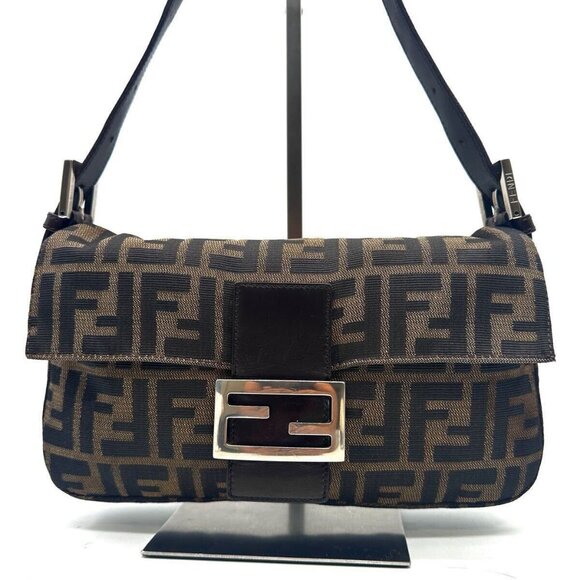 Authentic FENDI Zucca Mamma Baguette Canvas Leather Shoulder Bag Brown Tan - Picture 5 of 15